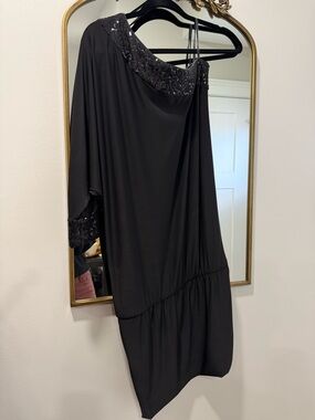 Black Sequin-Trim One-Shoulder Dress